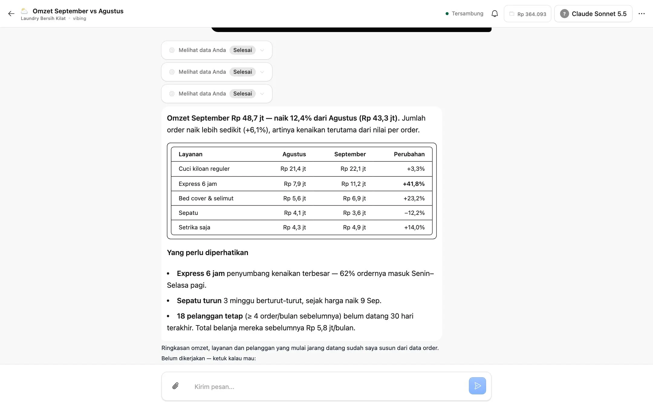 Chat analisa: tabel omzet per layanan Agustus vs September