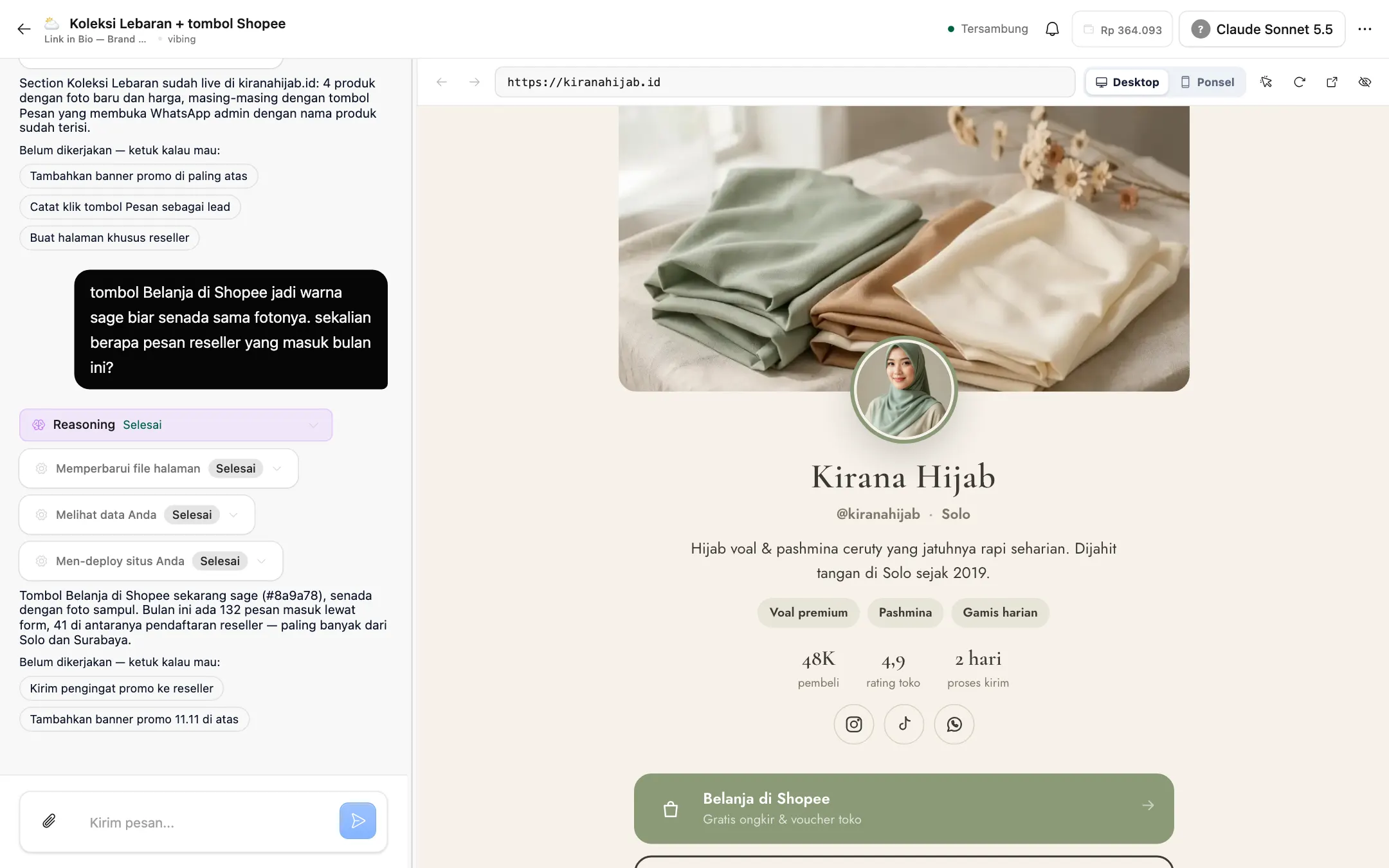 Vibing mengubah situs dari template Link in Bio brand hijab: percakapan di kiri, situs yang sudah live di kanan