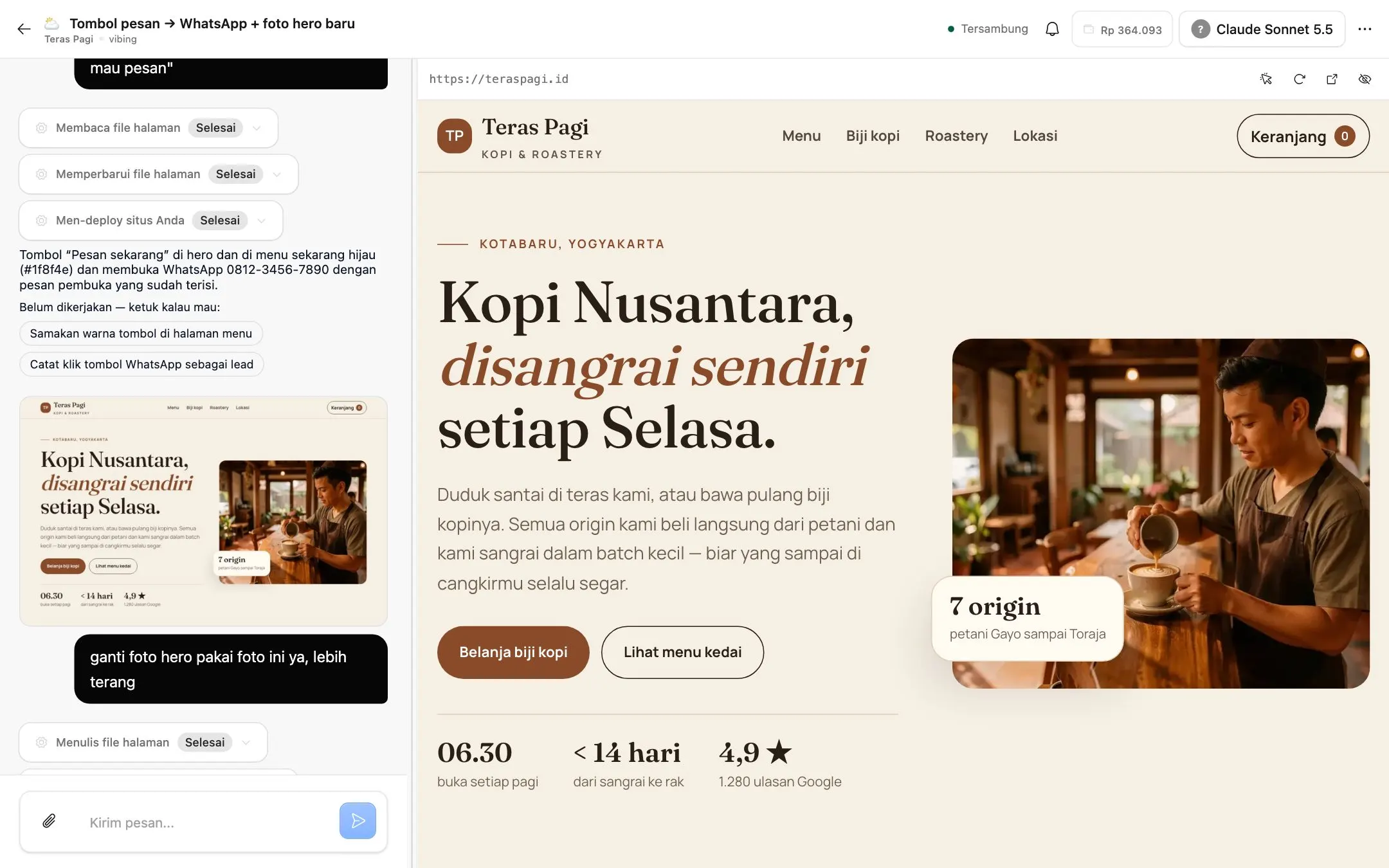 Chat development: tombol diganti ke WhatsApp dan foto hero diperbarui, dengan preview situs Teras Pagi