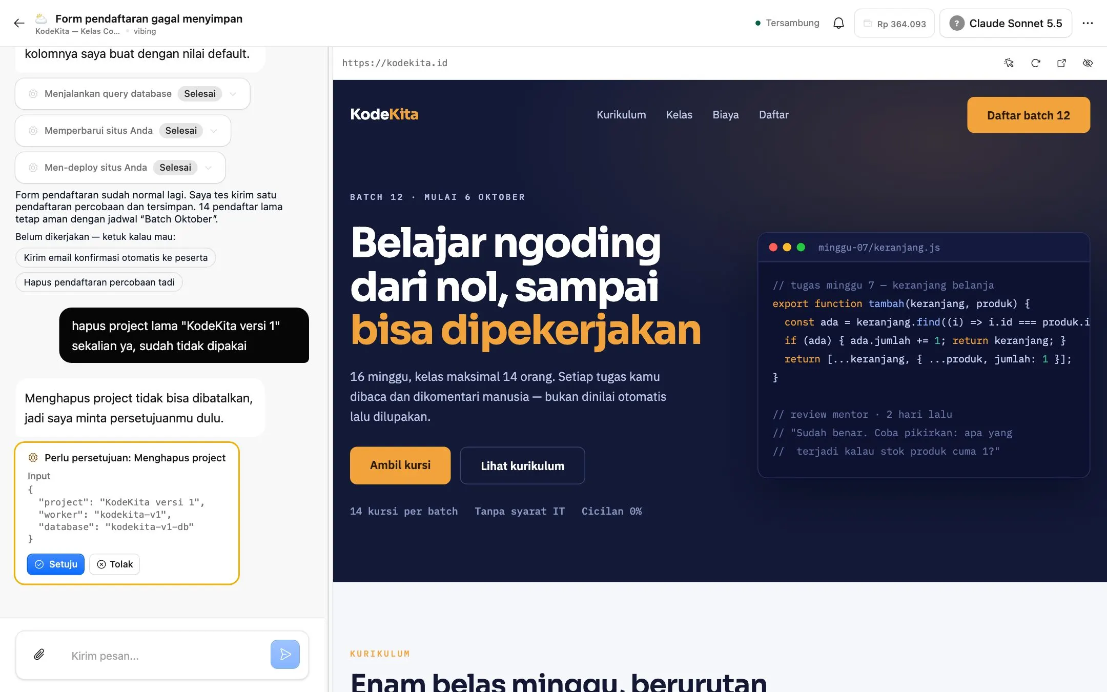 Chat perbaikan bug: penyebab ditemukan, perbaikan pertama gagal, perbaikan kedua berhasil, lalu permintaan persetujuan hapus project