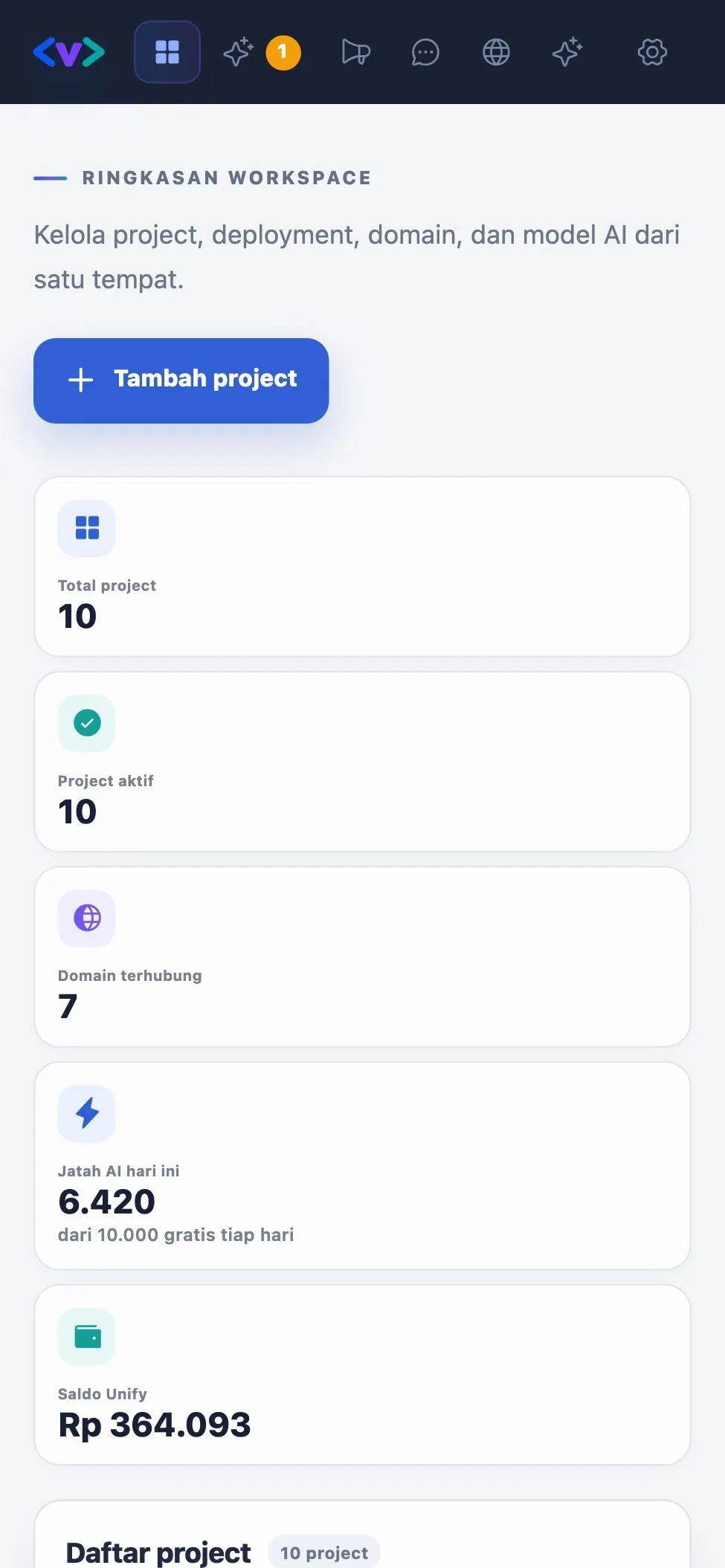 Dashboard project di ponsel