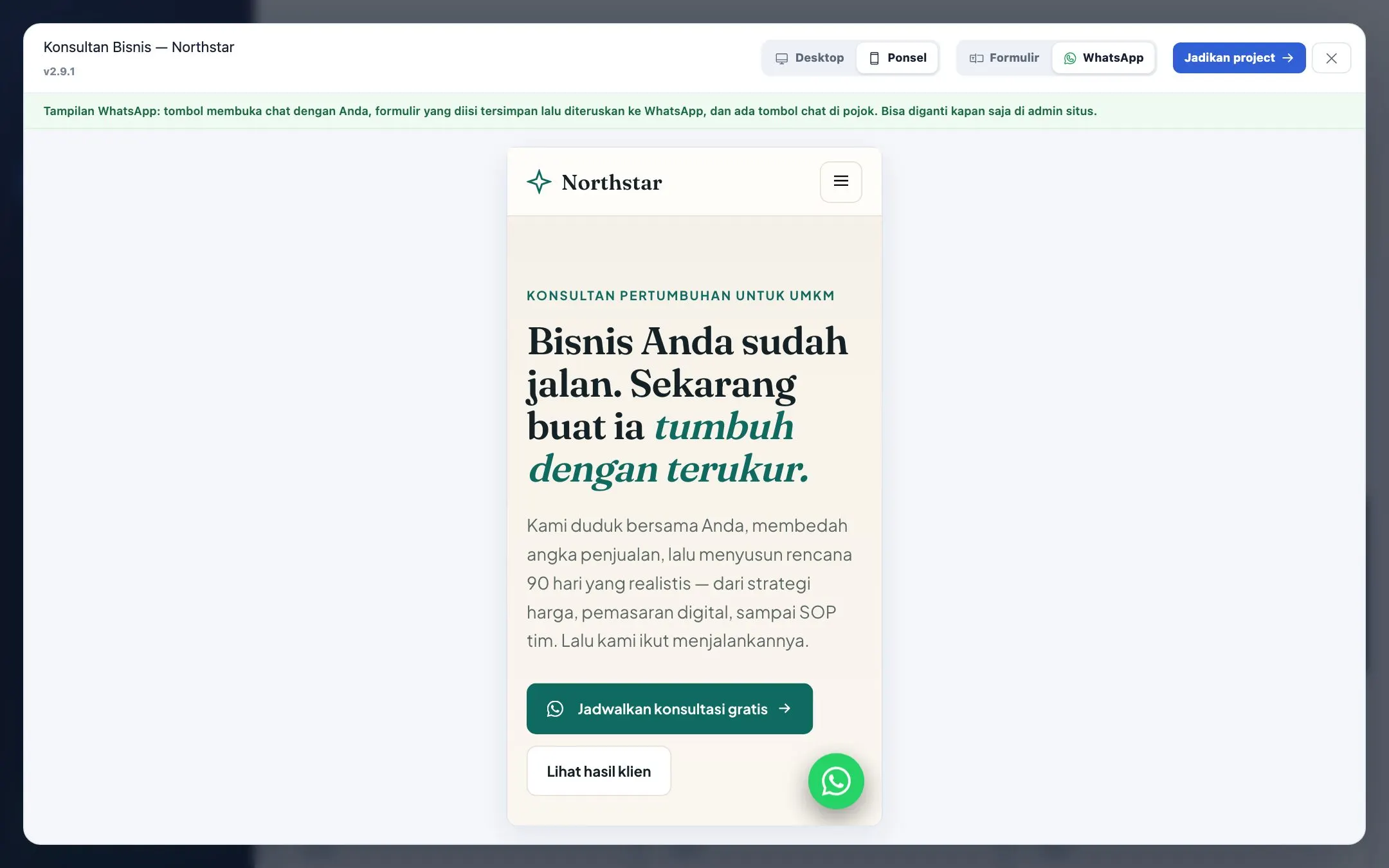 Preview template versi ponsel dengan tombol WhatsApp