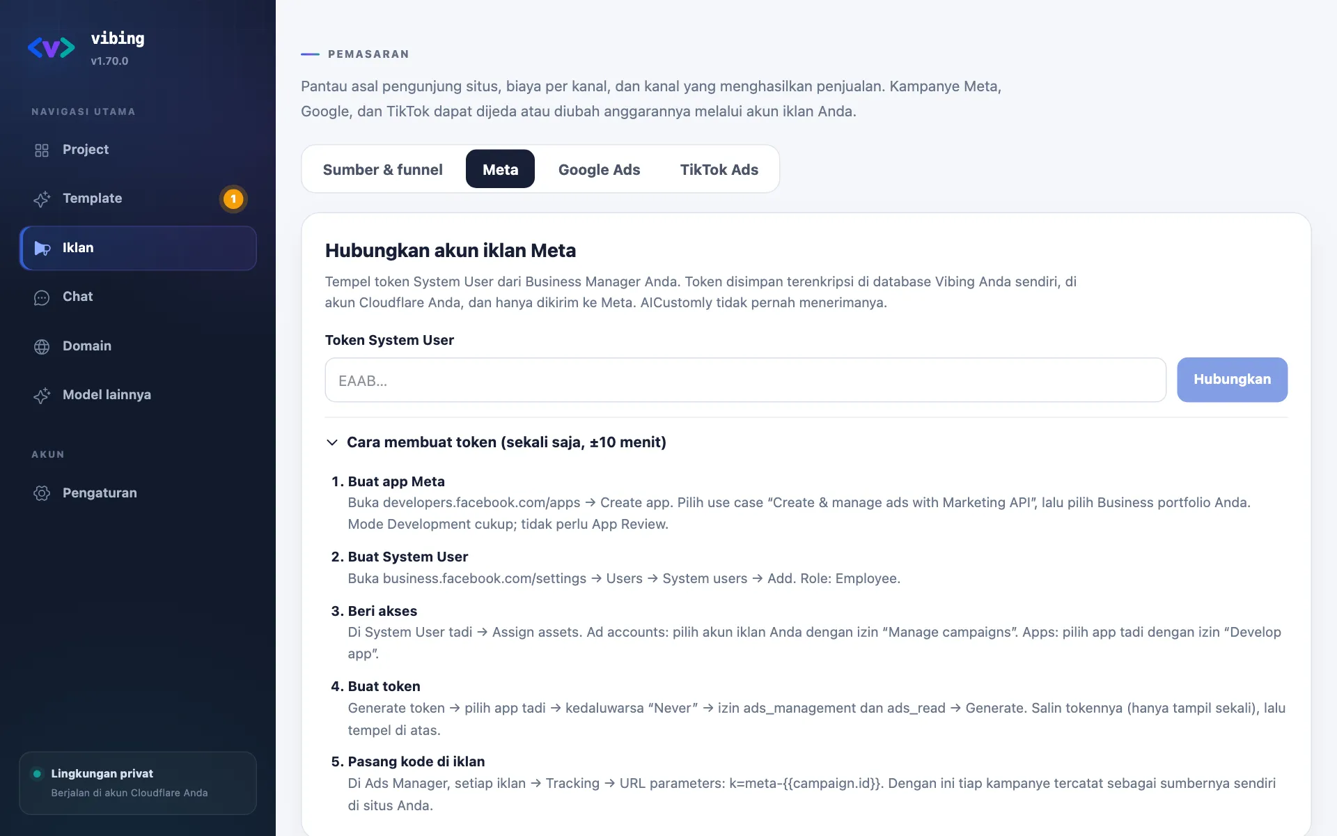 Form Hubungkan akun iklan Meta dengan kolom Token System User dan panduan lima langkah