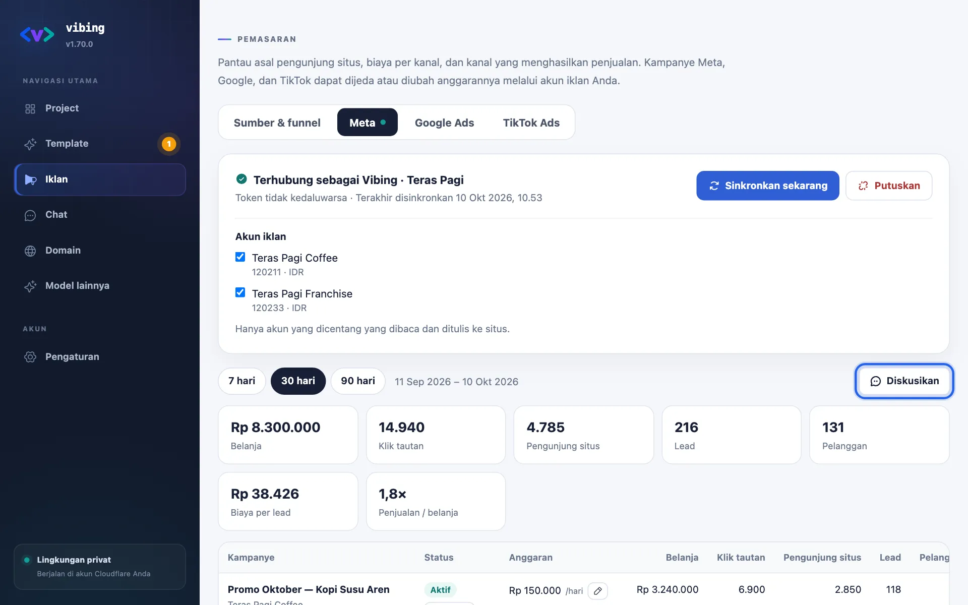 Tab Meta di halaman Iklan dengan tombol Diskusikan disorot
