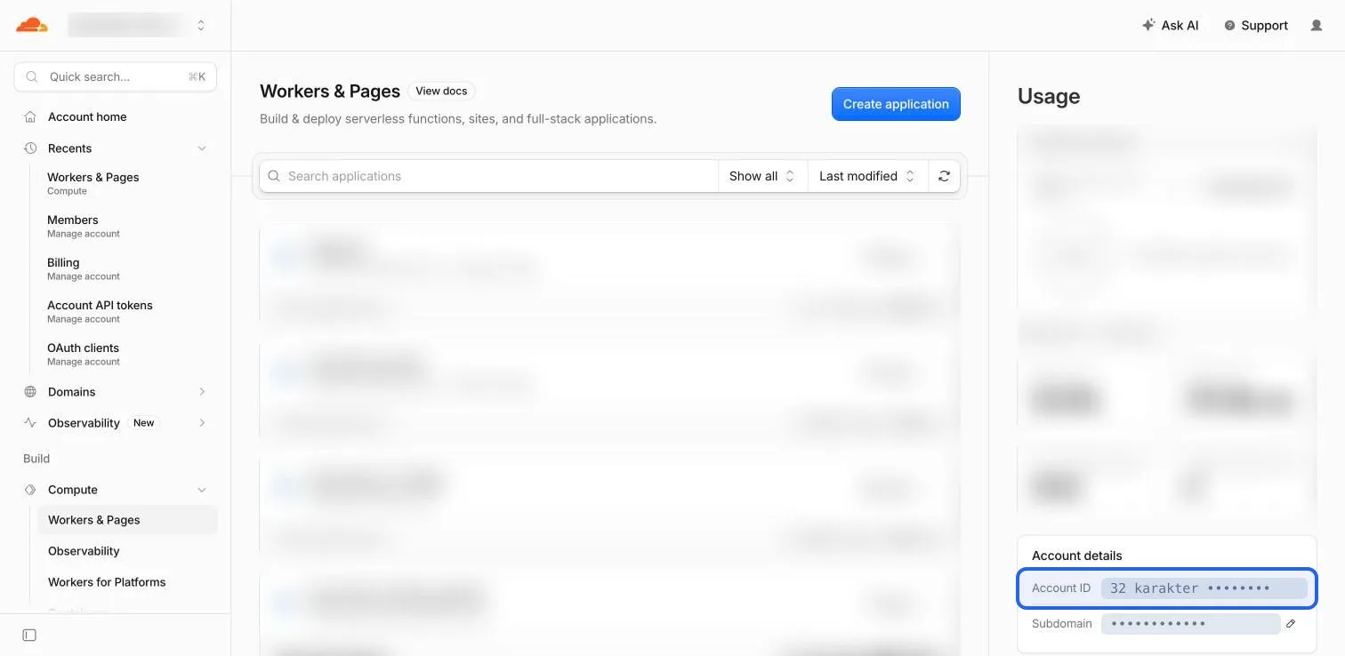 Halaman Workers & Pages; baris Account ID di kartu Account details disorot