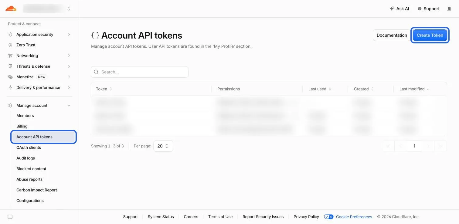 Halaman Account API tokens di dashboard Cloudflare dengan menu Account API tokens dan tombol Create Token disorot