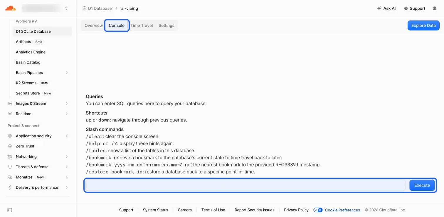 Tab Console database ai-vibing dengan kolom query dan tombol Execute disorot