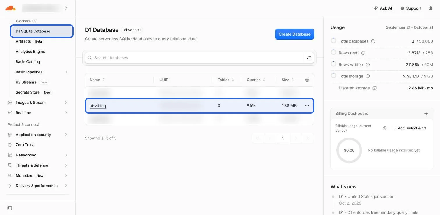 Daftar D1 Database di Cloudflare; database ai-vibing disorot
