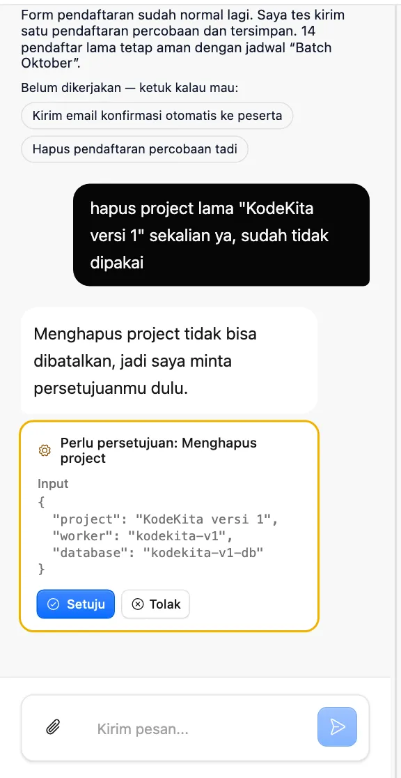 Kotak kuning Perlu persetujuan: Menghapus project dengan tombol Setuju dan Tolak