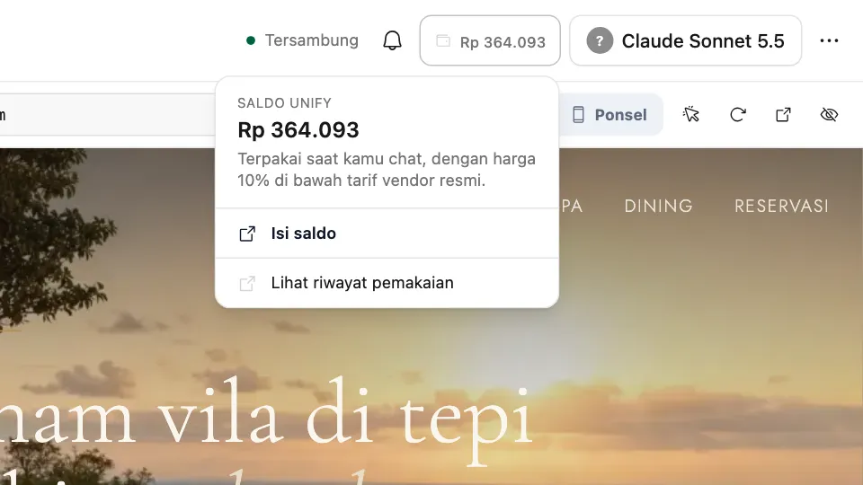 Menu saldo Unify di header chat: Isi saldo dan Lihat riwayat pemakaian
