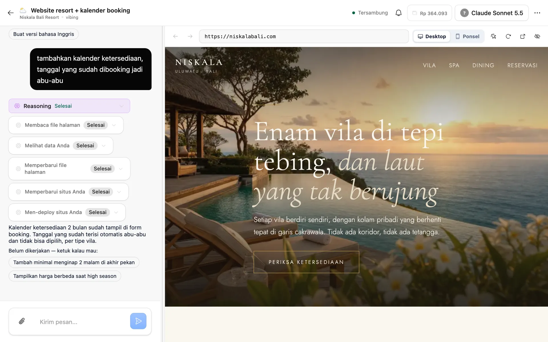 Layar chat: percakapan di kiri dan preview situs resort di kanan