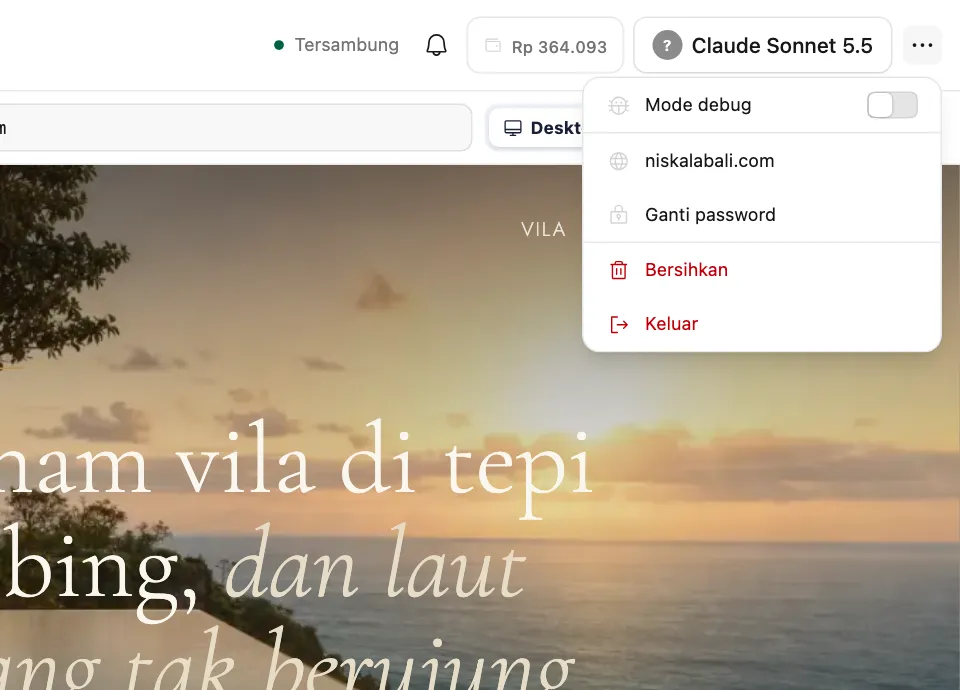 Menu opsi lain di header chat: Mode debug, alamat situs, Ganti password, Bersihkan, Keluar
