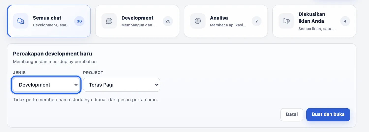 Formulir Percakapan development baru dengan pilihan Jenis dan Project