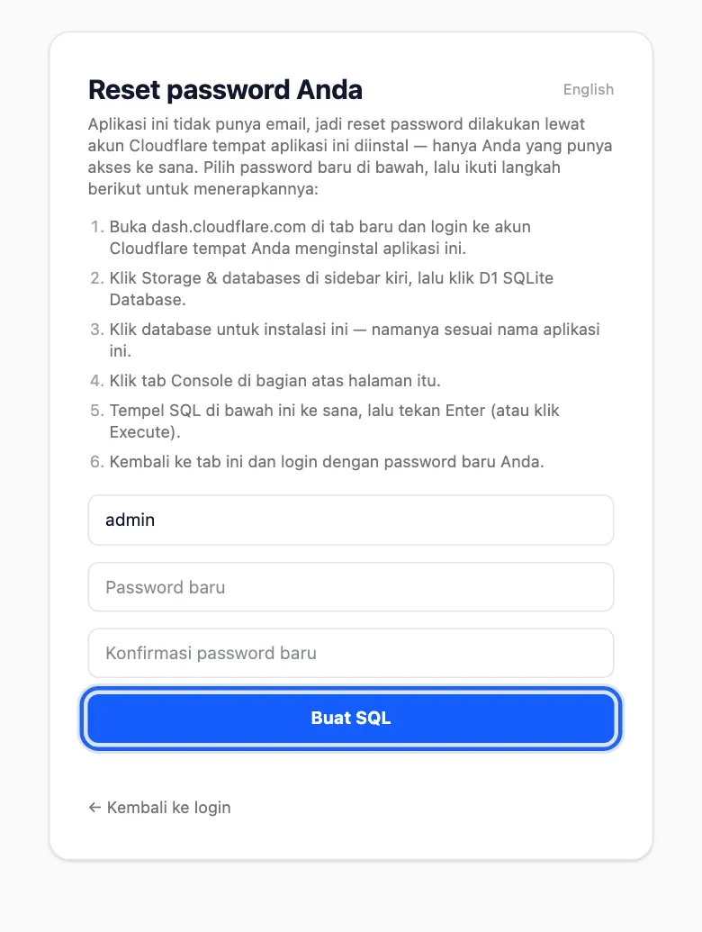 Halaman reset lewat database dengan langkah-langkah dan tombol Buat SQL disorot