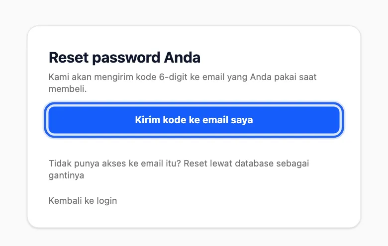 Kartu Reset password Anda dengan tombol Kirim kode ke email saya disorot