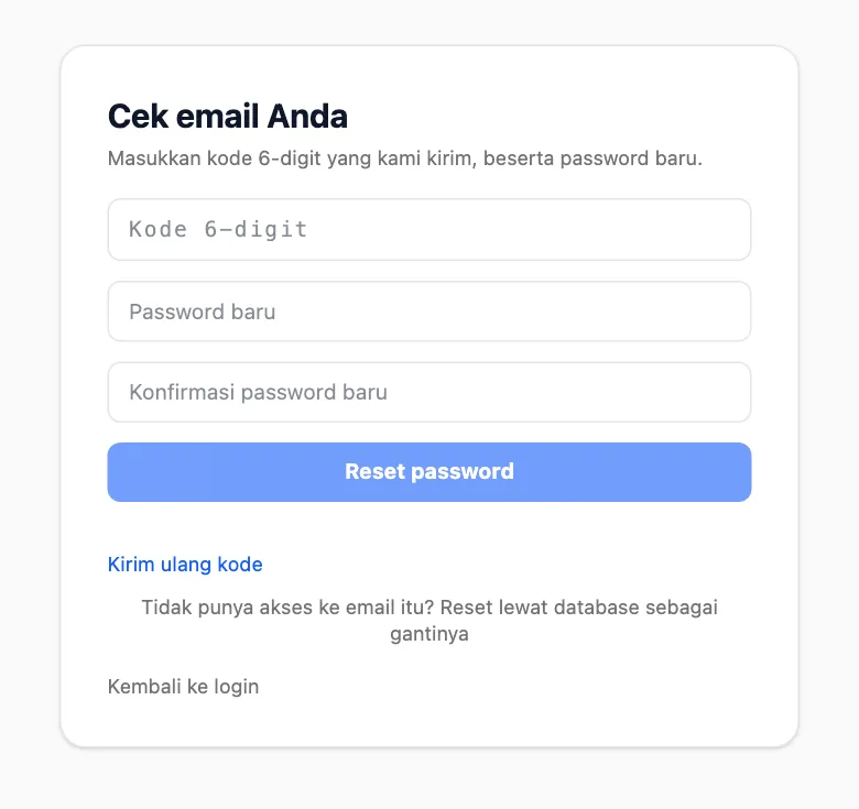 Kartu Cek email Anda: kolom kode 6 digit, password baru, dan konfirmasi