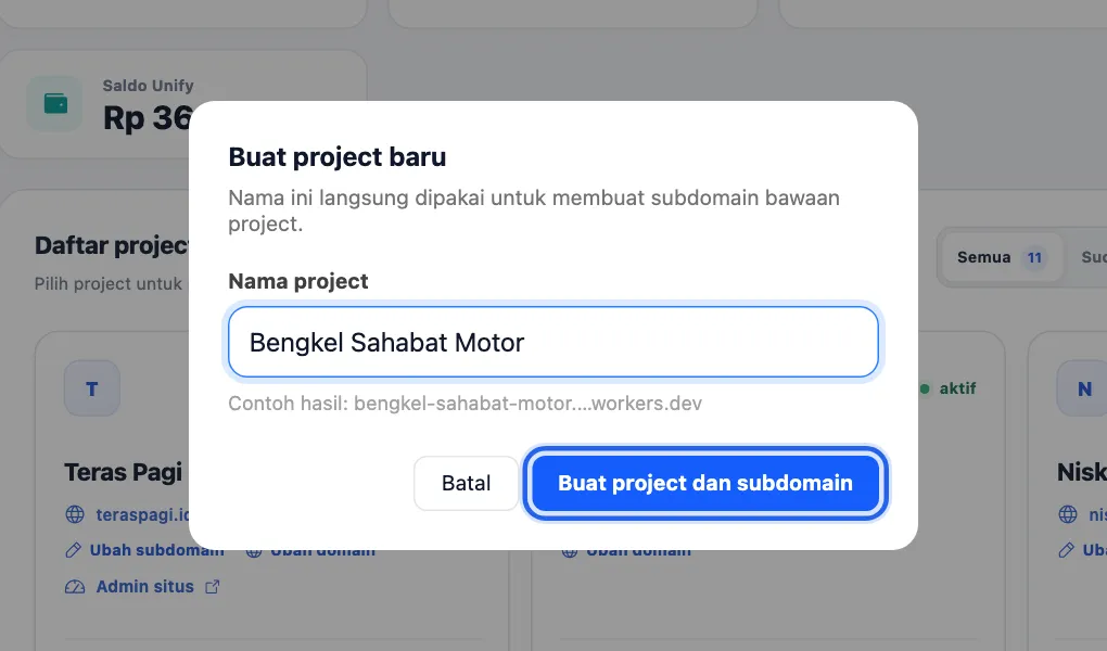 Modal Buat project baru dengan nama Bengkel Sahabat Motor dan tombol Buat project dan subdomain disorot