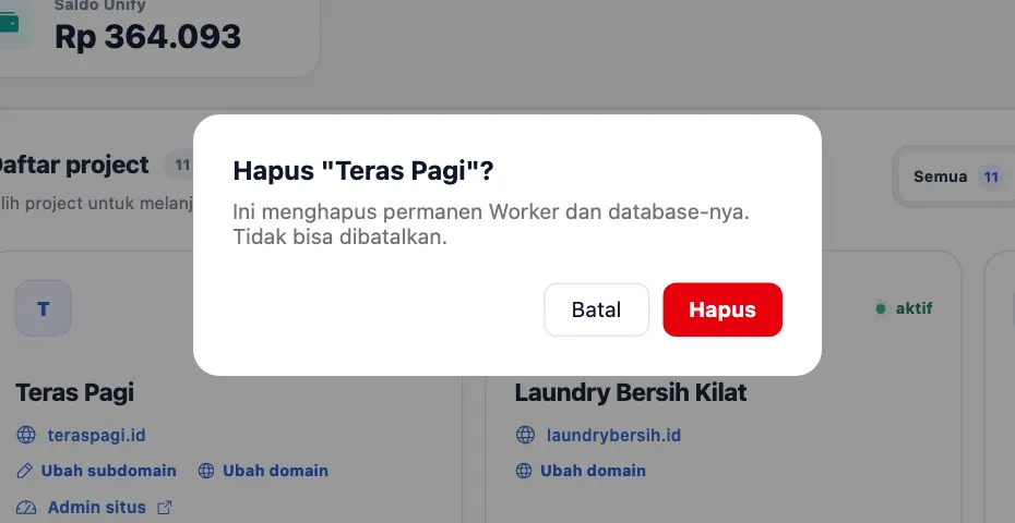 Dialog Hapus Teras Pagi? dengan tombol Batal dan Hapus