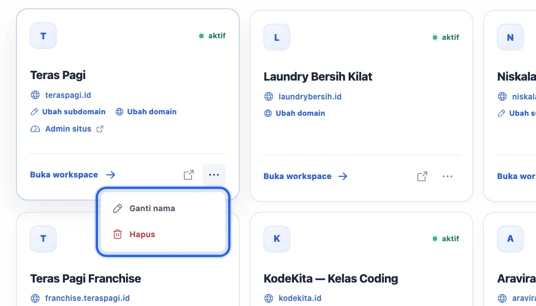 Menu titik tiga pada kartu project berisi Ganti nama dan Hapus