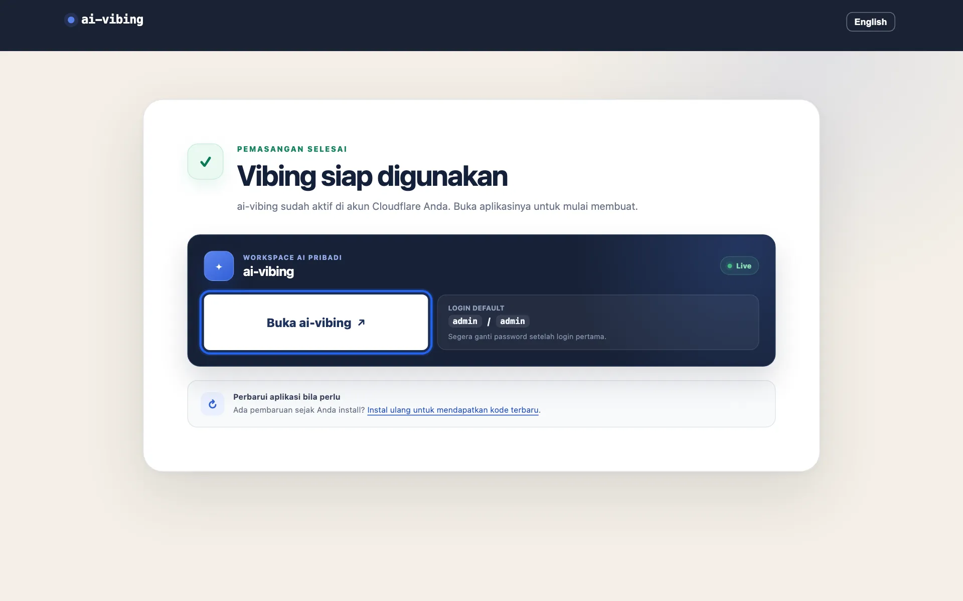 Halaman setup selesai: Vibing siap digunakan, tombol Buka ai-vibing disorot, login default admin / admin