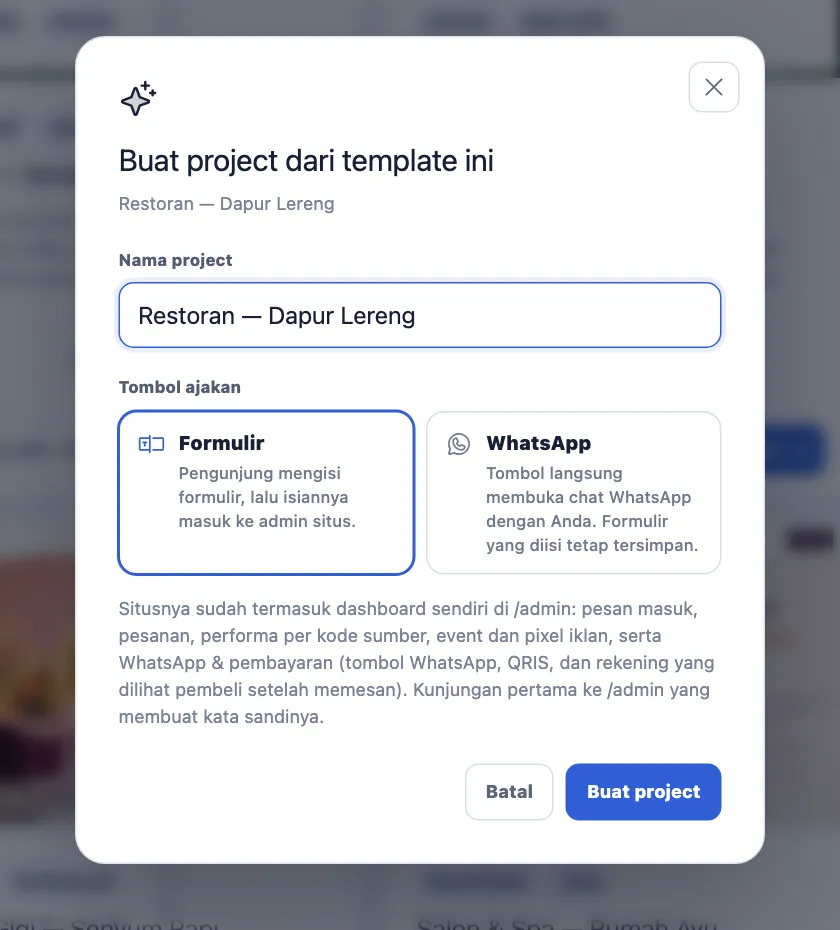 Modal Buat project dari template ini dengan nama project dan pilihan Formulir atau WhatsApp
