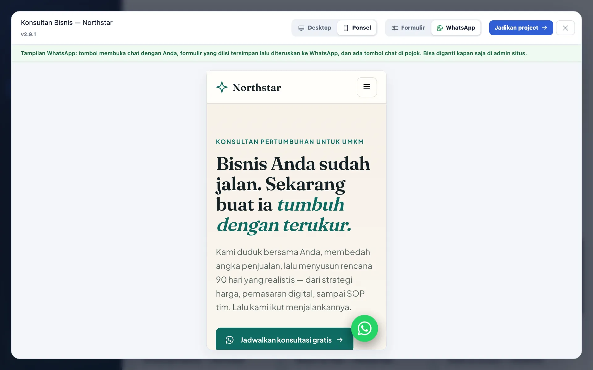 Preview template versi WhatsApp di ukuran ponsel dengan tombol chat WhatsApp